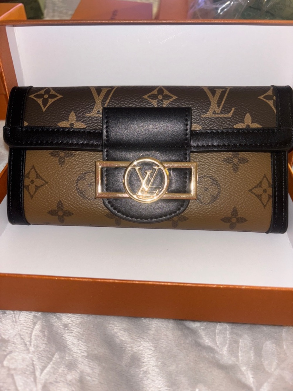 Monogram Canvas Brown & Black Clutch with GoldEmblem